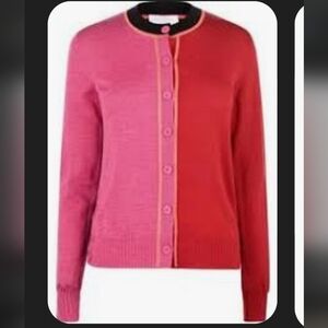 Escada Chic Colorblock Cardigan Sz.L Virgin Wool Pink, Black, Red, Plum, Coral